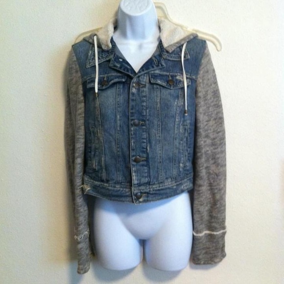 FREE PEOPLE Knit Hooded Denim Jean Jacket Deconstructed Distressed F433J138A - Picture 3 of 13